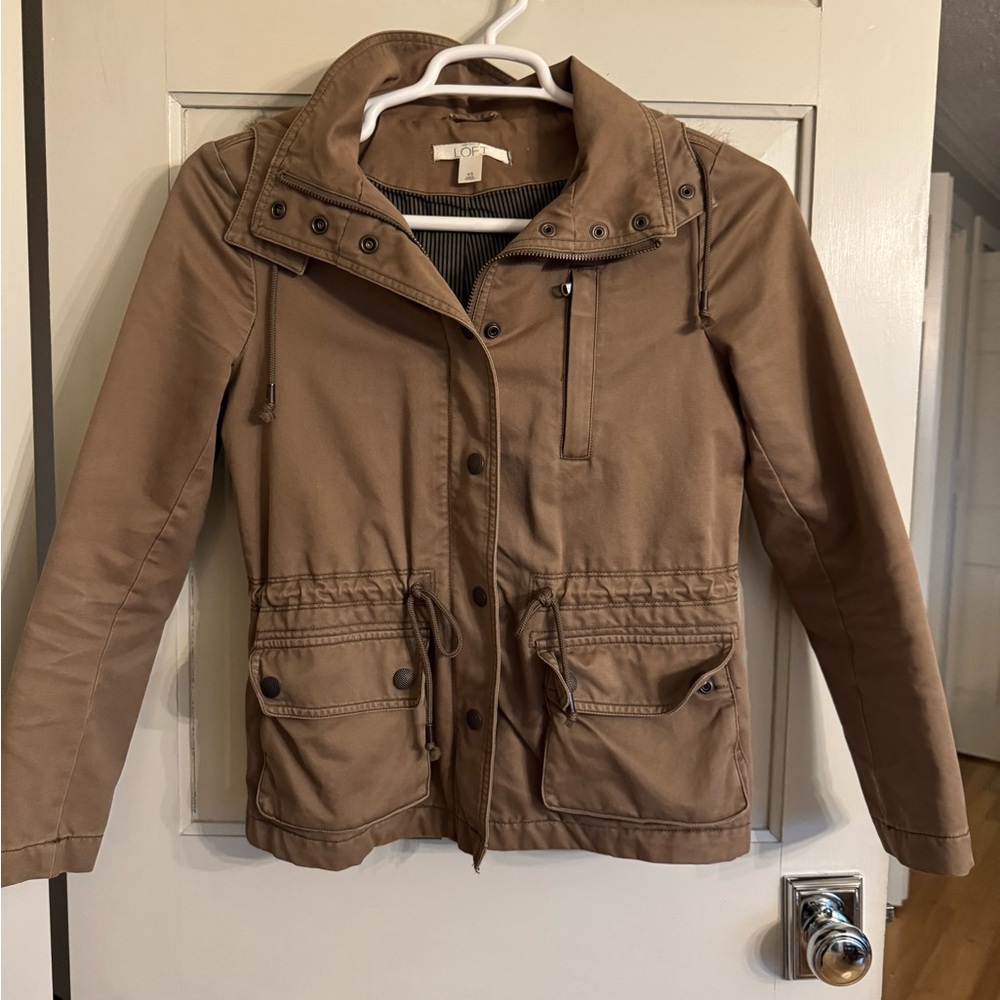LOFT Tan Utility Jacket with Stand-Up Collar and Adjustable Waist